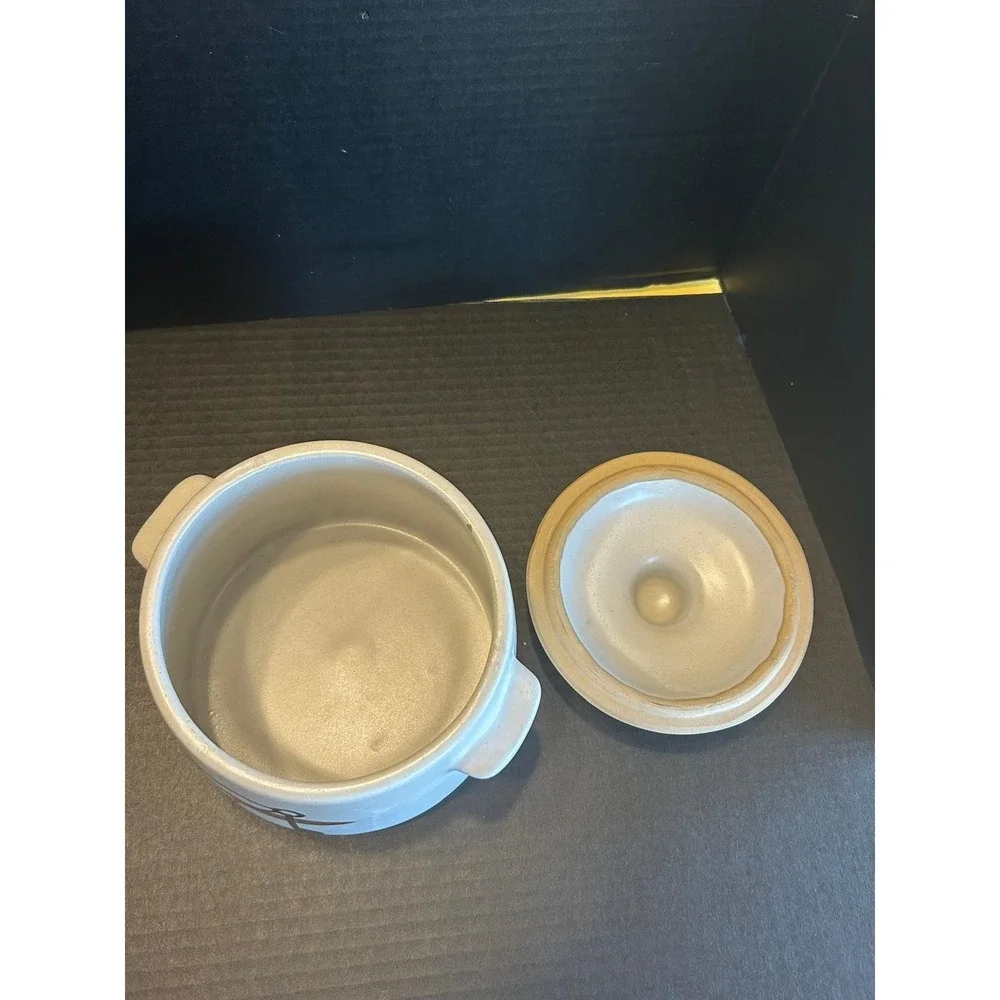 VINTAGE 'WEST BEND' 1960's CERAMIC STONEWARE GLAZED BEAN POT- FORK & SPOON MOTIF